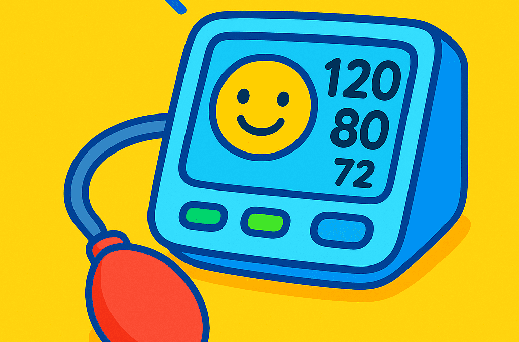 Blood pressure monitor on a table with a notebook, representing a simple body check-in