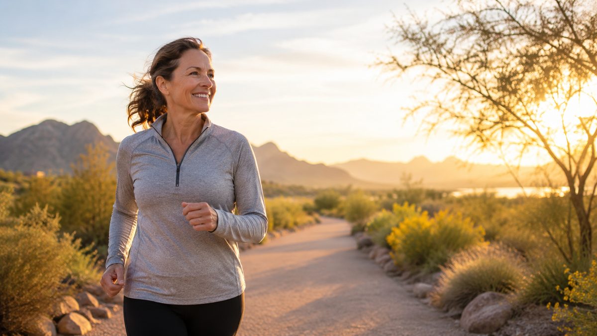 Smiling adult walking outdoors on a sunlit desert path, representing movement and happiness